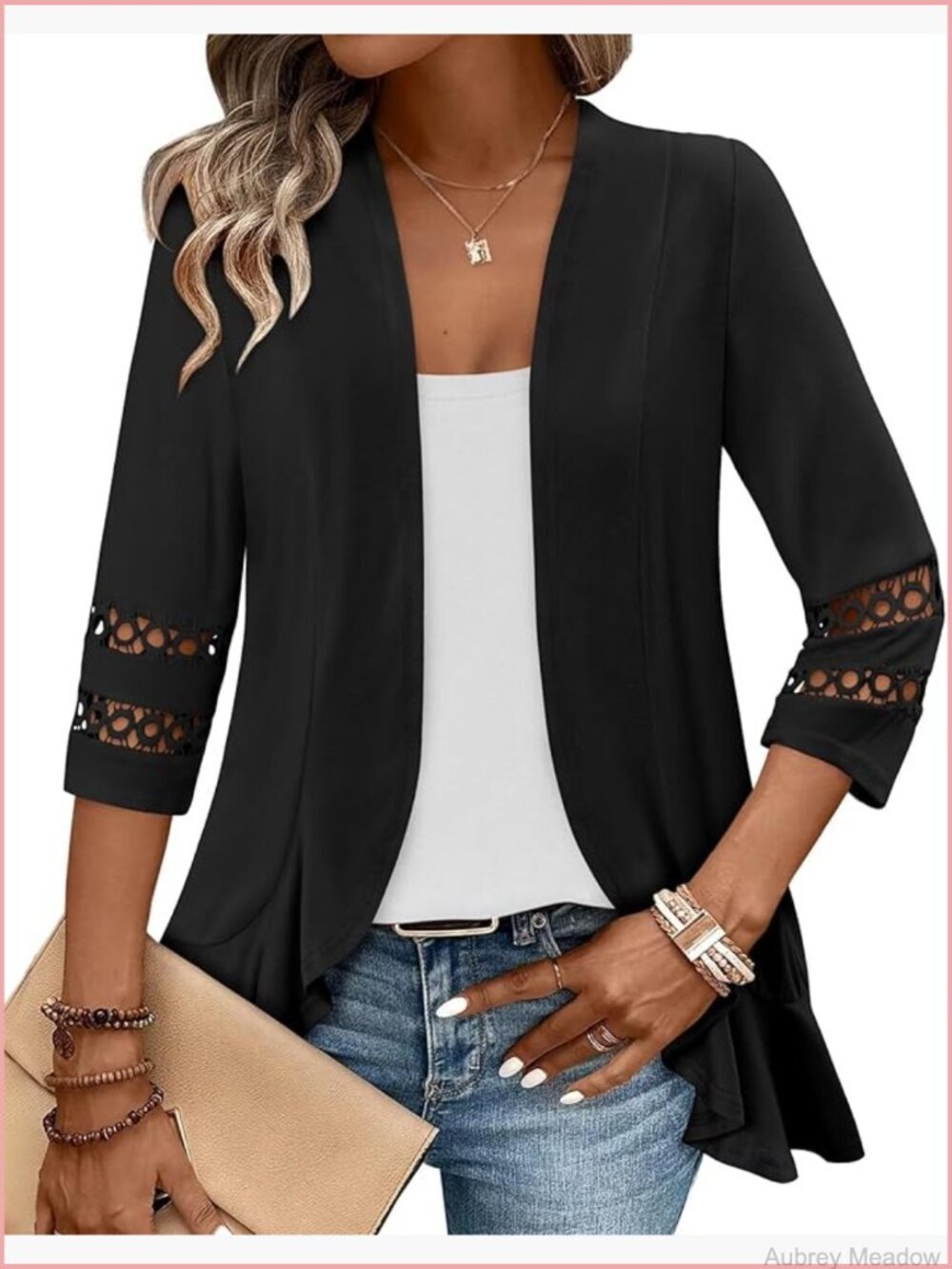 Casual Open Front Cardigan Lightweight Soft Draped Ruffles 3/4 Sleeve